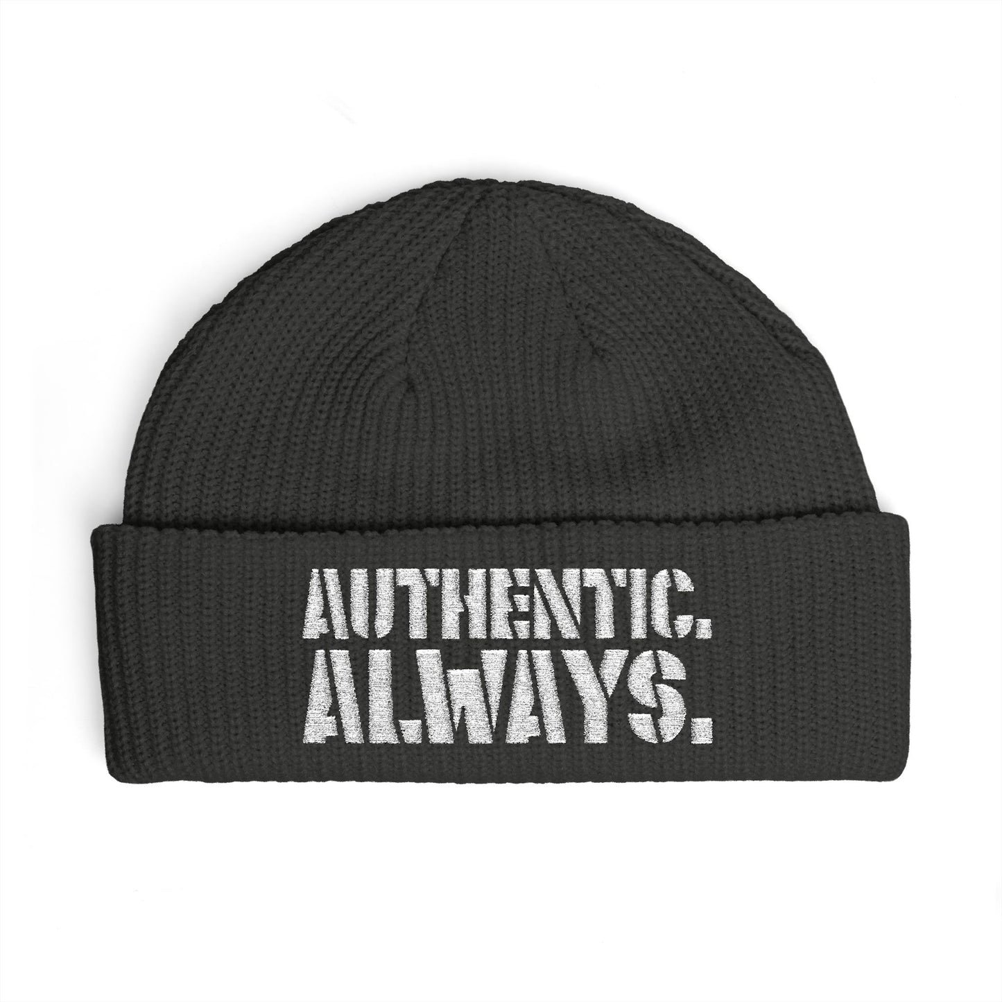Authentic Always Cuff Beanie — Knit Winter Hat with Bold Text