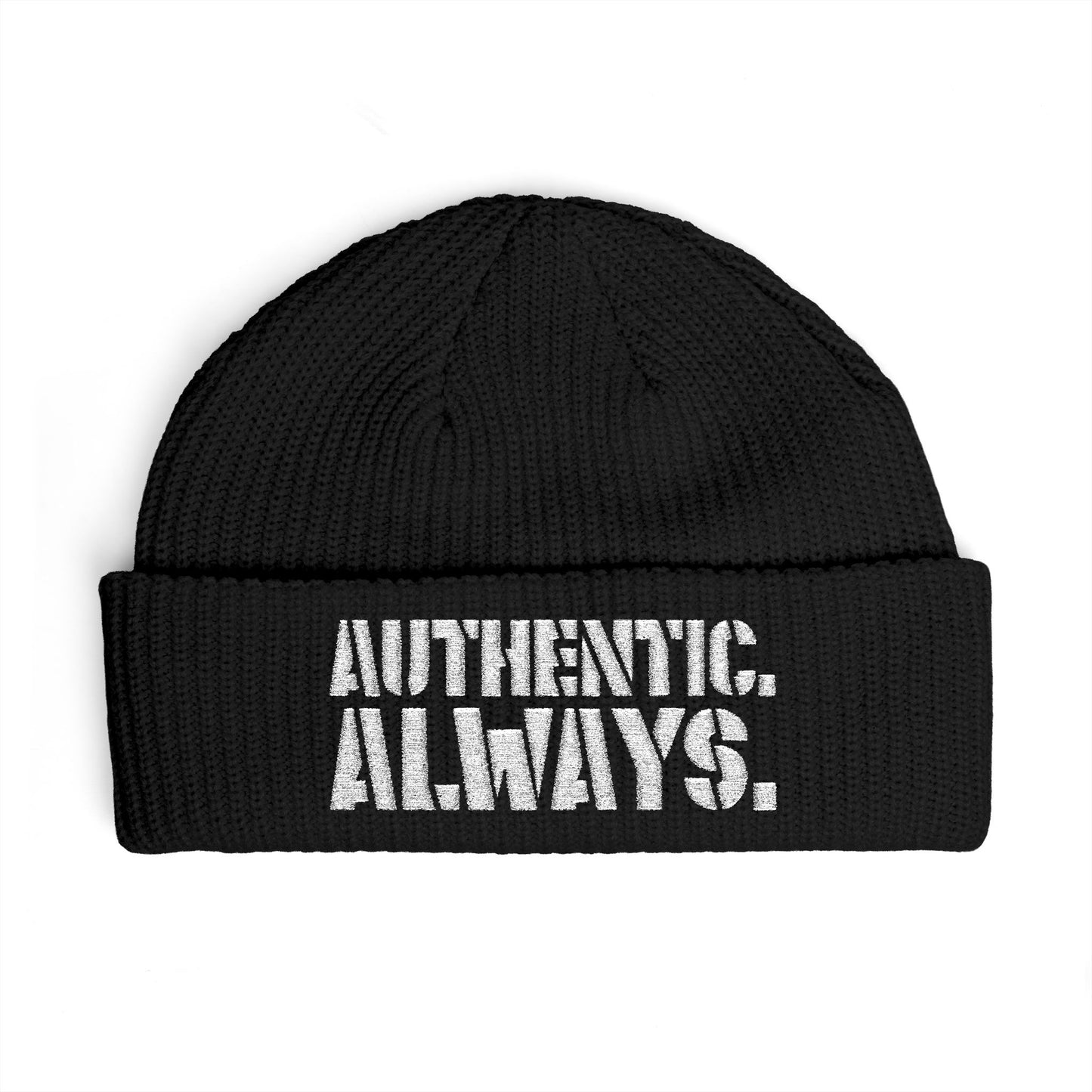 Authentic Always Cuff Beanie — Knit Winter Hat with Bold Text